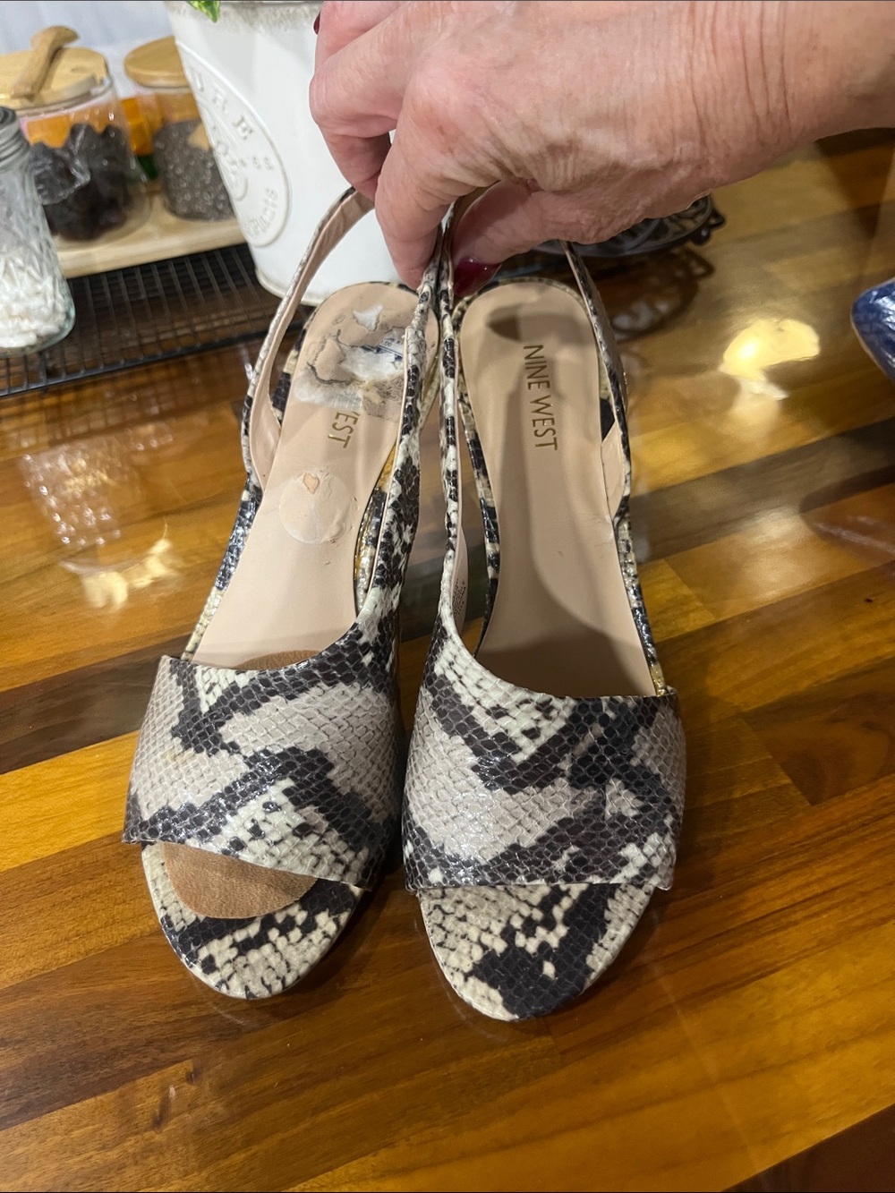 Nine West Snake-Print Slingback Heels in Cream and Black